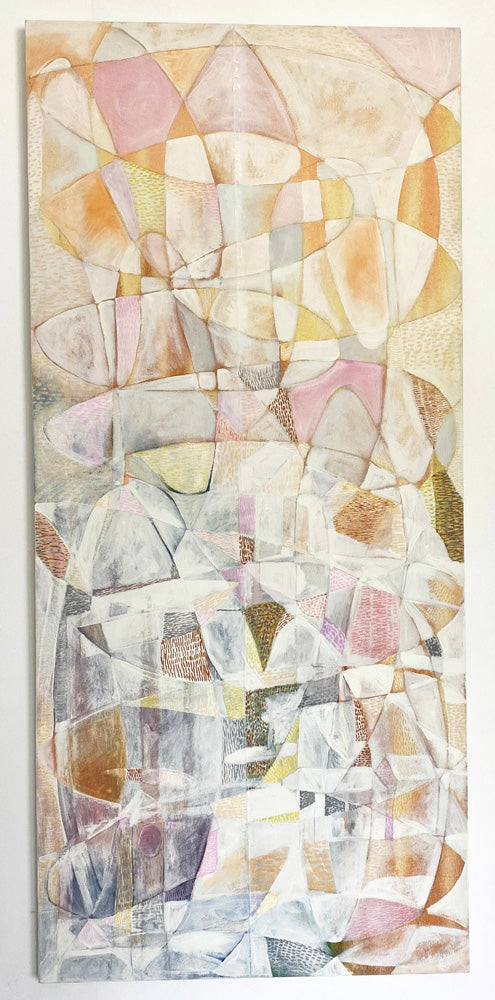 Painted stretched canvas wall art with overlapping curved shapes, crease down the centre chalk white, pastels, pale orange and brown. 50 wide by 110 tall by 2 cm 