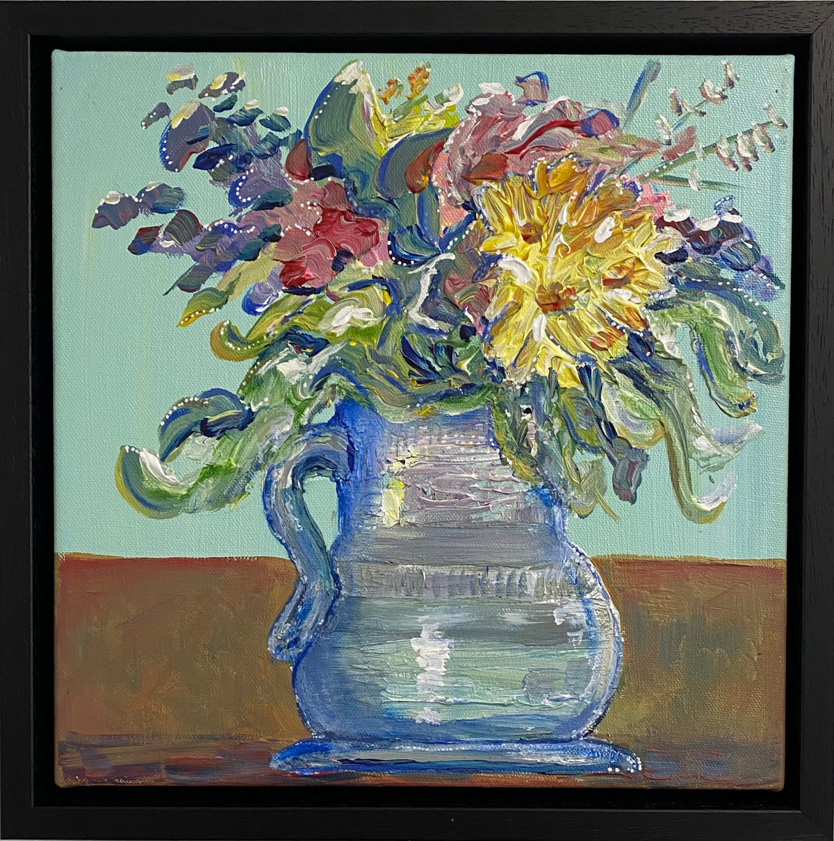 Fluffy and free flowers in blue vase with mint background framed wall art by Rebecca Carr Artist