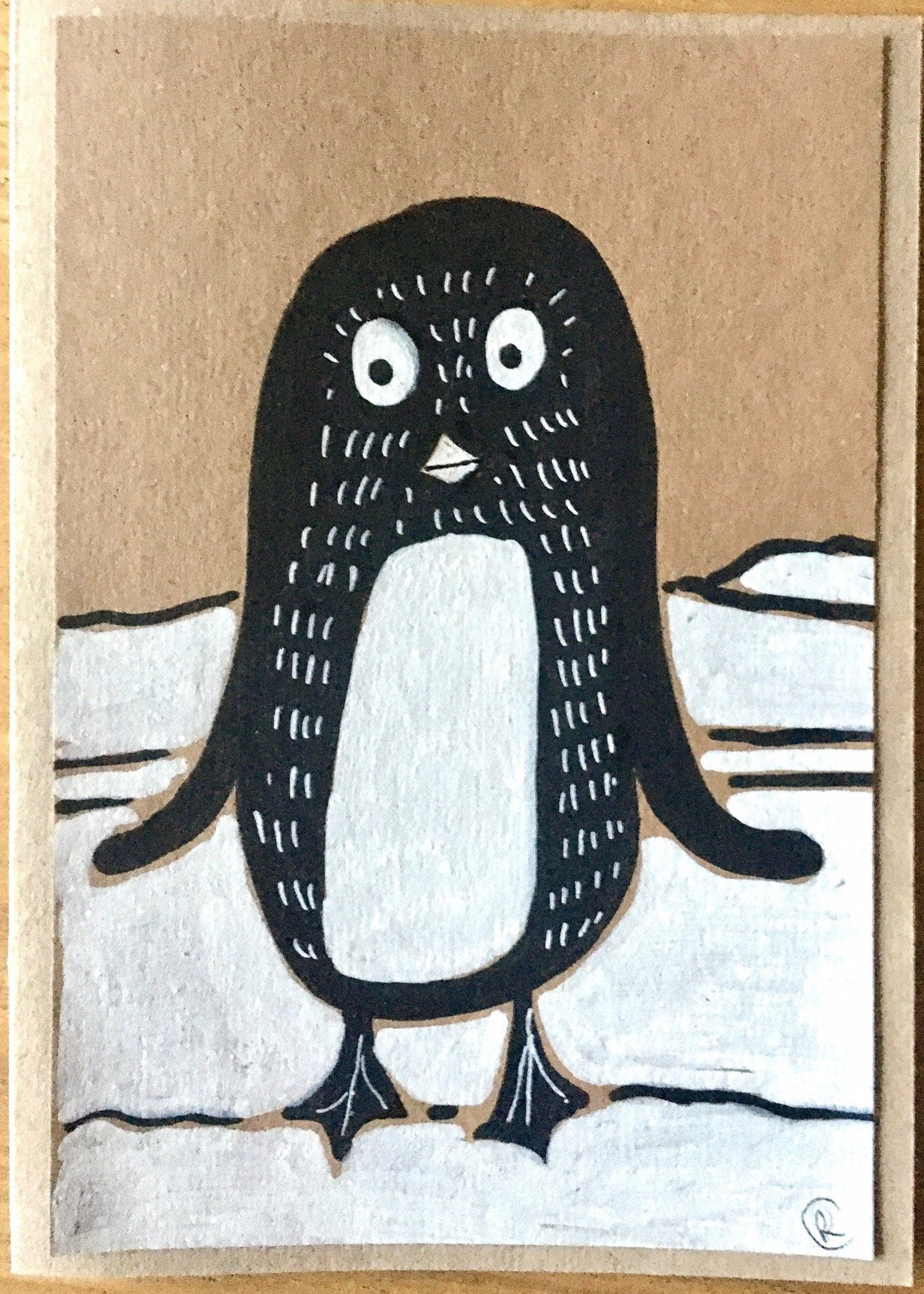 original art penguin card hand painted by rebecca carr