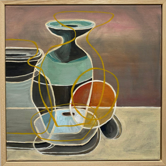 Still life with studio pottery and orange original painting