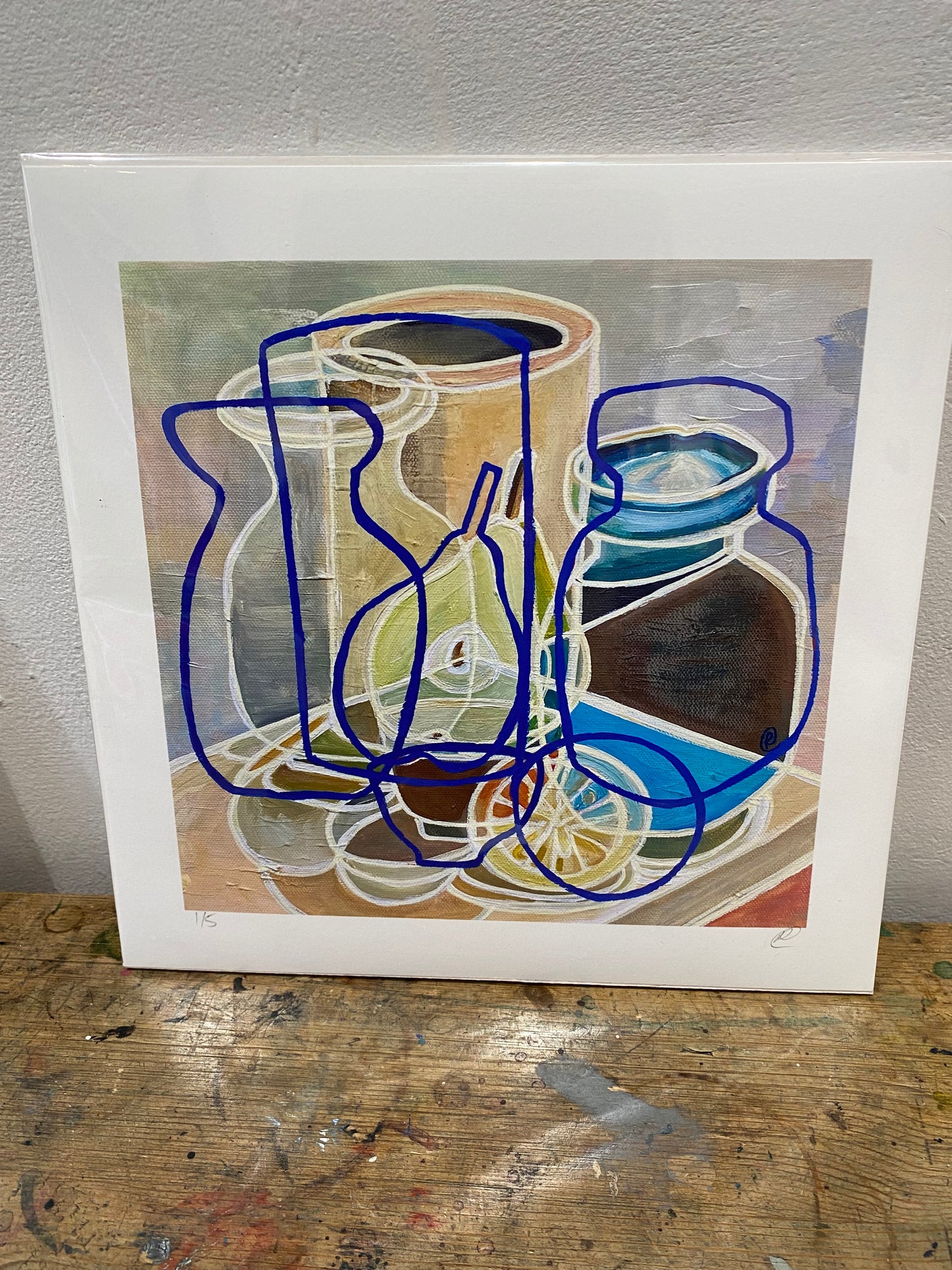 Signed limited edition of 5 still life with studio pottery and pear - Rebecca Carr Artist