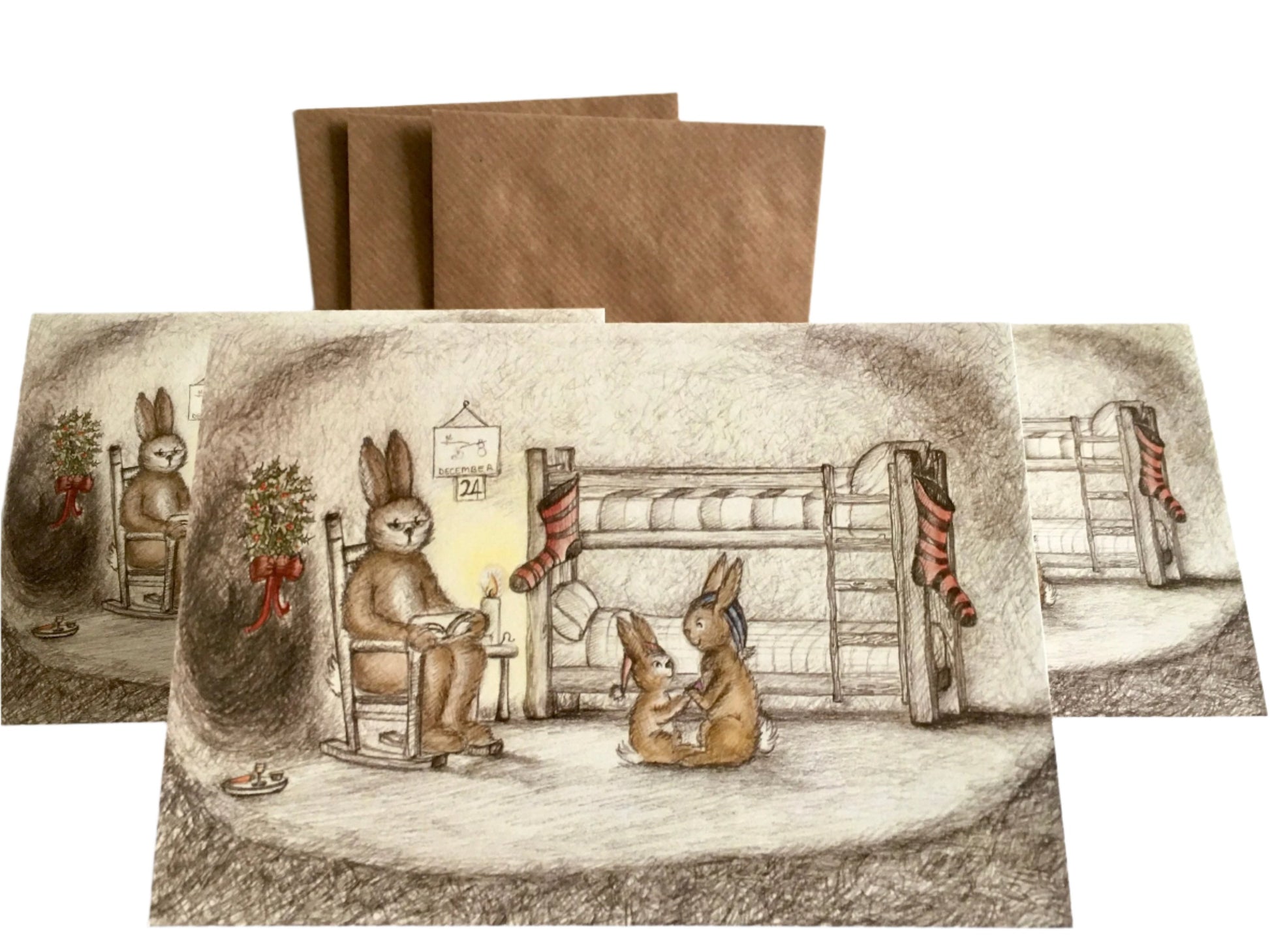 Rabbits on burrow 3 pack christmas card