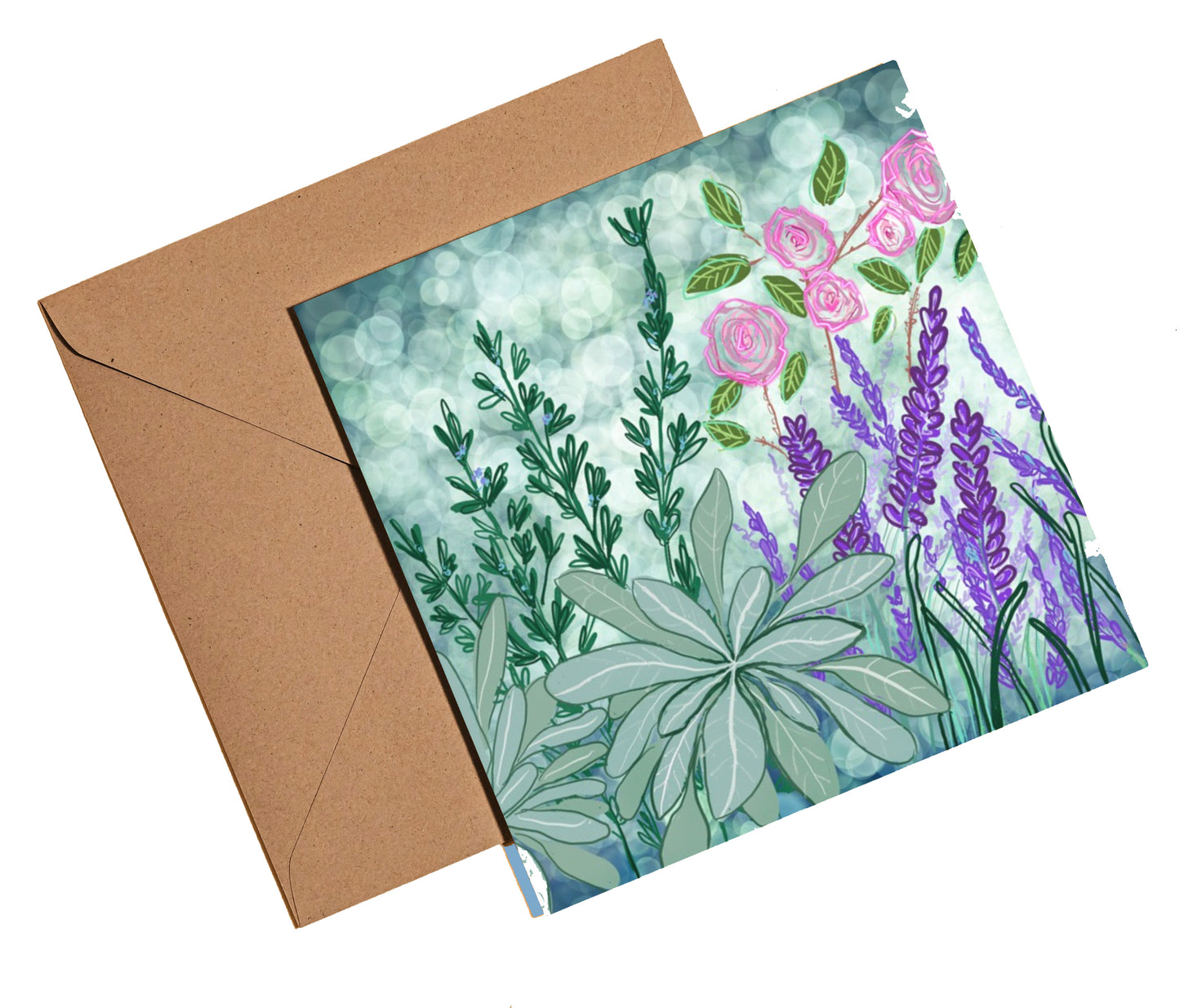 Rosemary, sage and rose greetings card