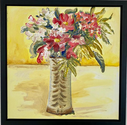 Fluffy and Free Flowers in studio pottery vase yellow background in frame