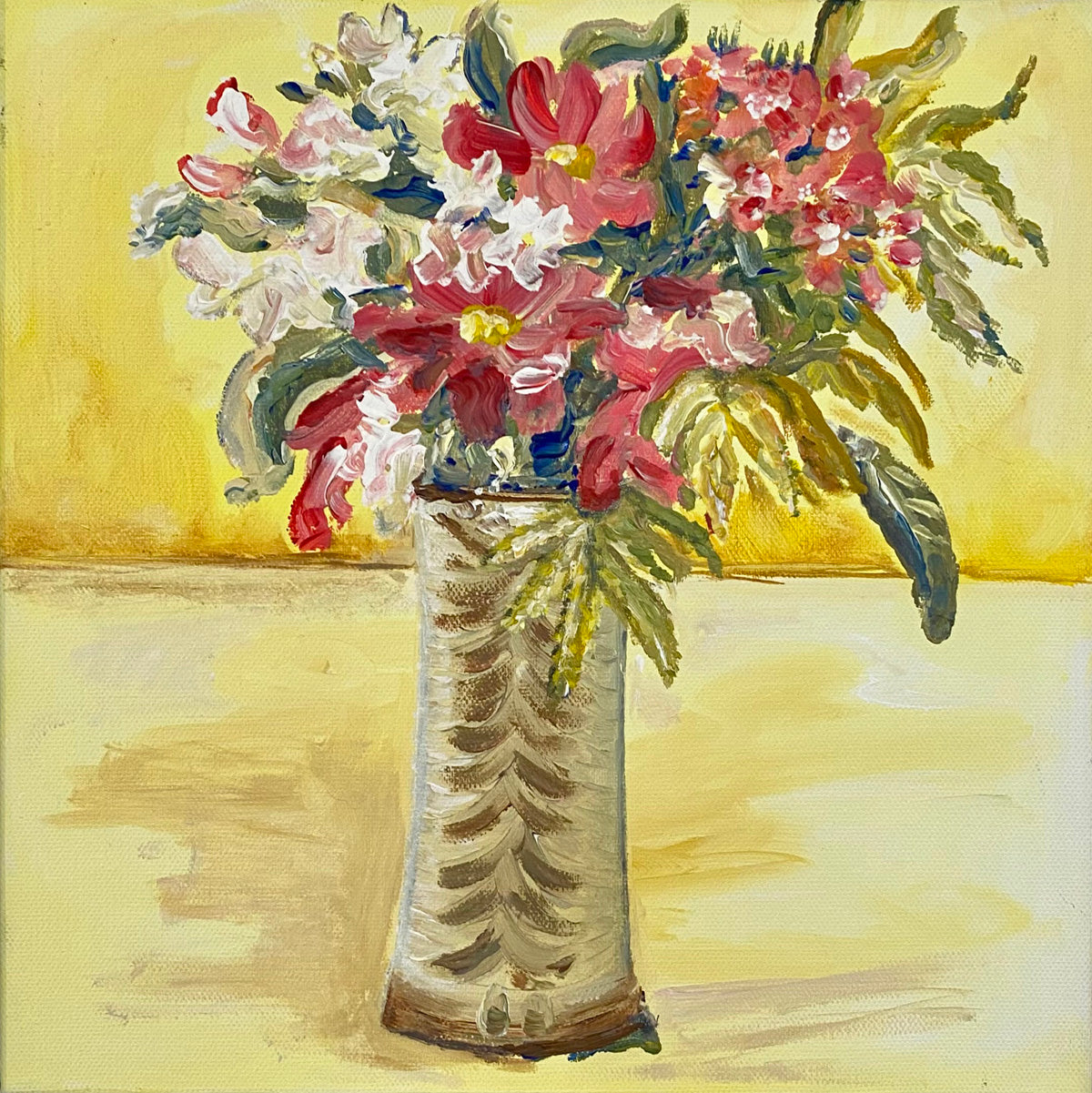 Fluffy and Free Flowers in studio pottery vase yellow background in frame