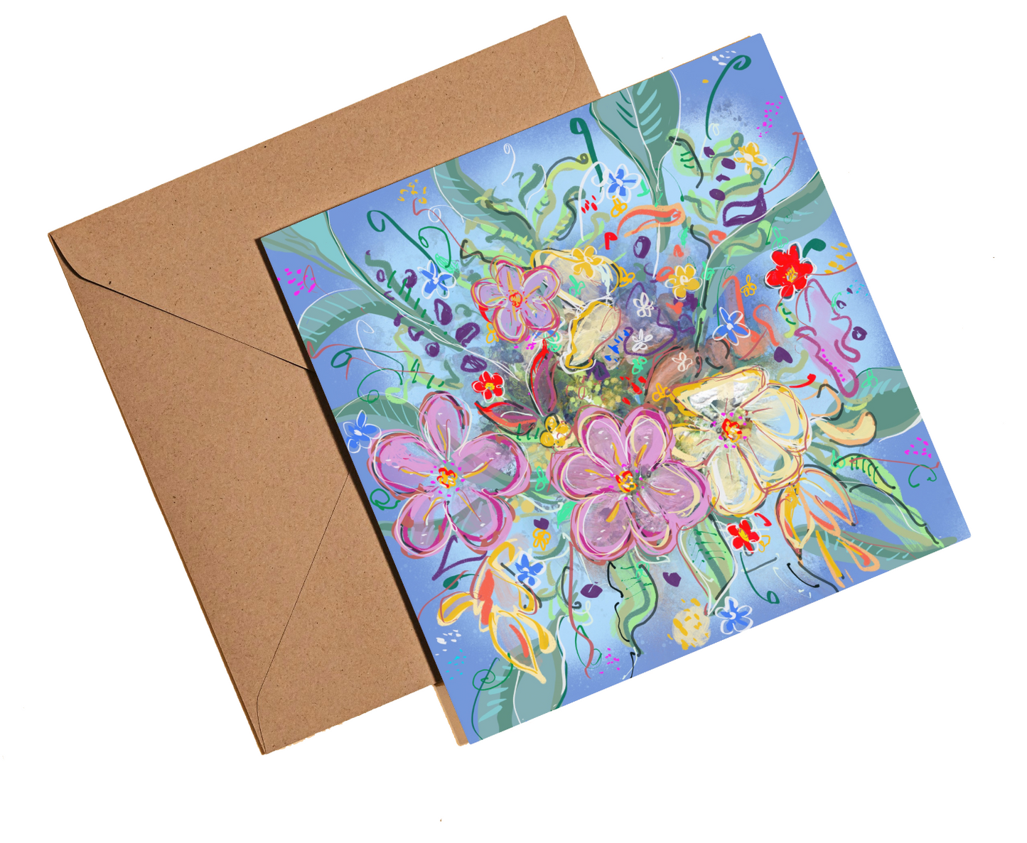 blue burst of flowers illustraed card by rebecca carr