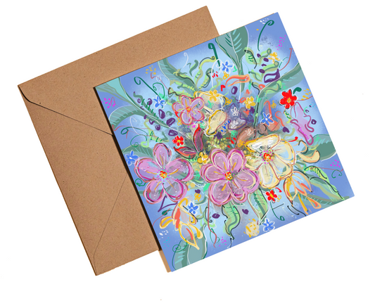 blue burst of flowers illustraed card by rebecca carr