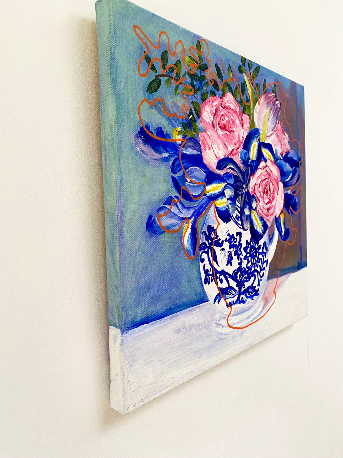 Pink roses, irises and blue - Rebecca Carr Artist