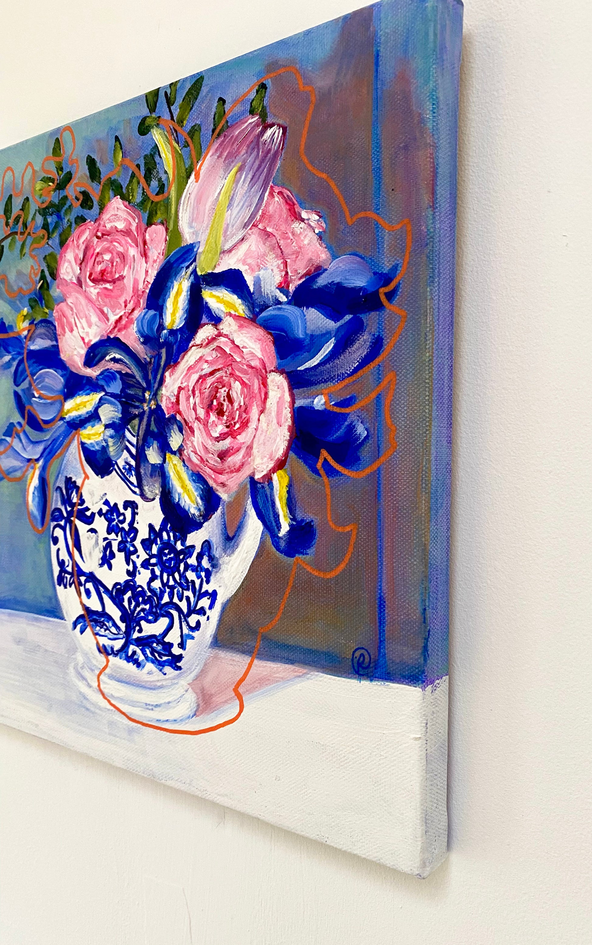 Pink roses, irises and blue - Rebecca Carr Artist