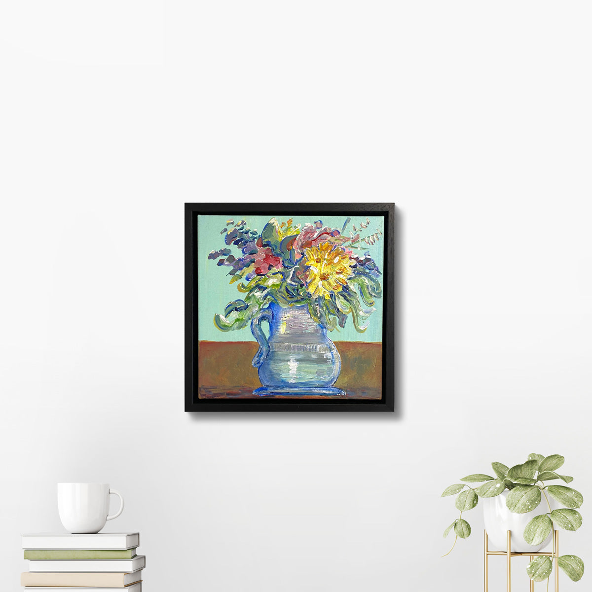 Fluffy and free framed painting flowers in vase mint background