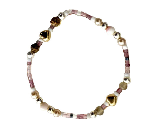 pink glass beads coral and gold colour beaded bracelet