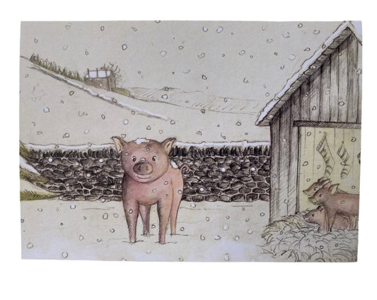 pig in snow christmas card lalabuds