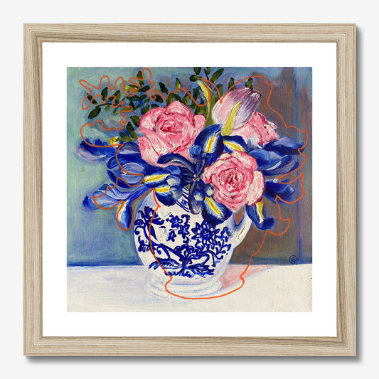 Pink roses and irises with blue, flower print - Rebecca Carr Artist