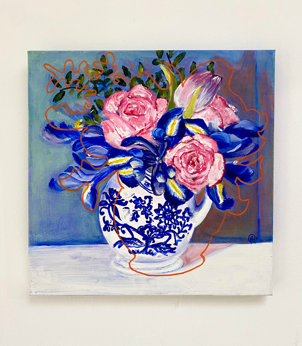 Pink roses, irises and blue - Rebecca Carr Artist