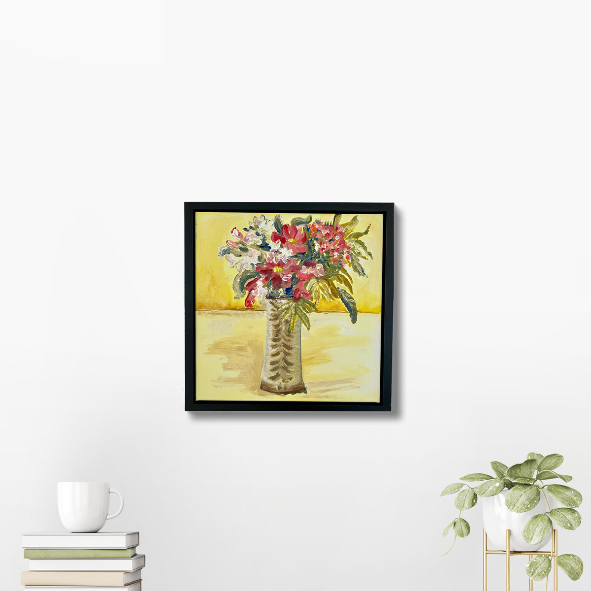 Fluffy and Free Flowers in studio pottery vase yellow background in frame